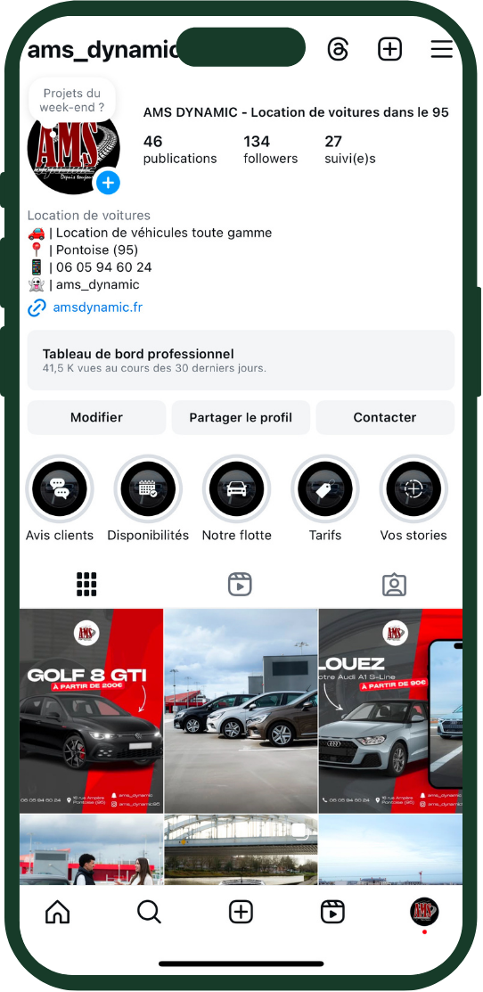 Profil Instagram AMS Dynamic sur mobile